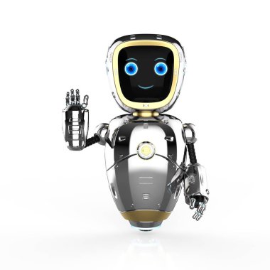 3D sevimli yapay zeka robotu ya da yardımcı robot selamlama için elini kaldırıyor
