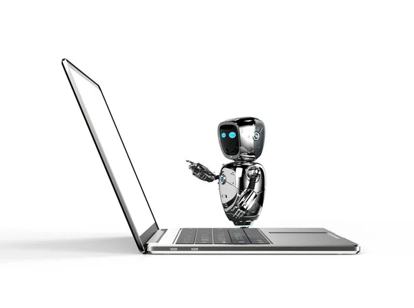 Renderizado Robot Inteligencia Artificial Lindo Robot Asistente Con Portátil Computadora —  Fotos de Stock