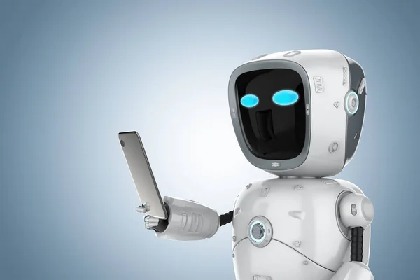 Renderização Bonito Robô Inteligência Artificial Robô Assistente Com Telefone Móvel — Fotografia de Stock