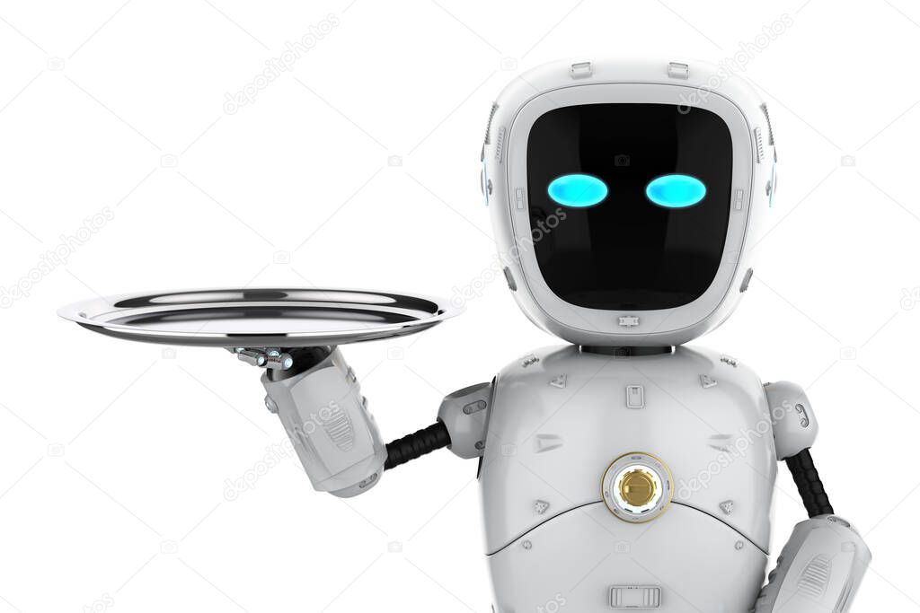 3d rendering cute artificial intelligence robot or assistant robot with serving tray