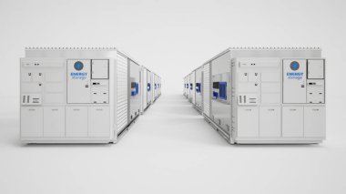 3d rendering group of energy storage systems or battery container units
