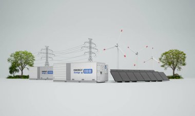 Alternative energy concept with 3d rendering group of energy storage systems or battery container units with various sources of energy