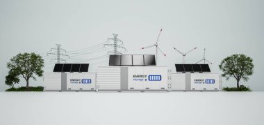 Alternative energy concept with 3d rendering group of energy storage systems or battery container units with various sources of energy