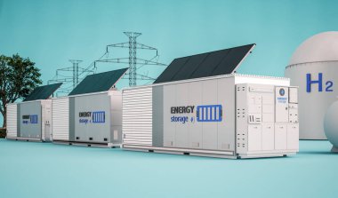 Alternative energy concept with 3d rendering group of energy storage systems or battery container units with various sources of energy