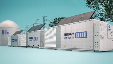 Alternative energy concept with 3d rendering group of energy storage systems or battery container units with various sources of energy
