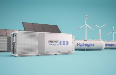 Alternative energy concept with 3d rendering group of energy storage systems or battery container units with various sources of energy