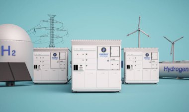 Alternative energy concept with 3d rendering group of energy storage systems or battery container units with various sources of energy