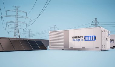 Alternative energy concept with 3d rendering group of energy storage systems or battery container units with various sources of energy