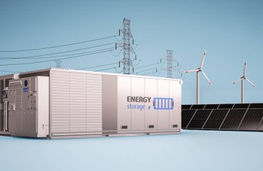 Alternative energy concept with 3d rendering group of energy storage systems or battery container units with various sources of energy