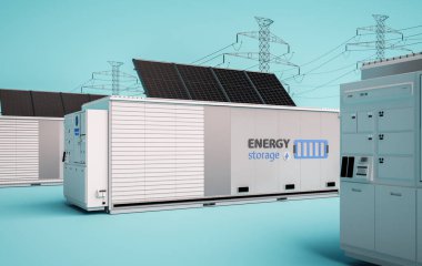 Alternative energy concept with 3d rendering group of energy storage systems or battery container units with various sources of energy