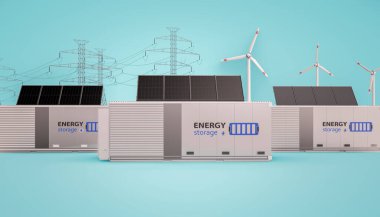 Alternative energy concept with 3d rendering group of energy storage systems or battery container units with various sources of energy