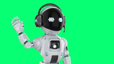 Şirin ve küçük yapay zeka kişisel asistan robot eli yeşil ekran 4k görüntülerinde izole edildi.