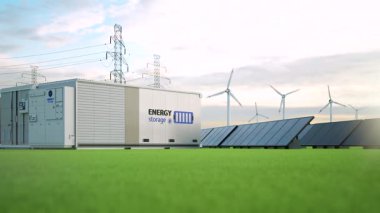 Çeşitli enerji kaynaklı enerji depolama sistemleri veya batarya konteynır birimleri grubu 4k görüntüsü