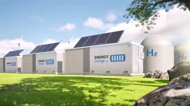 Çeşitli enerji kaynaklı enerji depolama sistemleri veya batarya konteynır birimleri grubu 4k görüntüsü