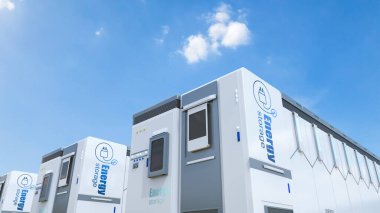 3d rendering white energy storage system or battery container unit with blue sky background