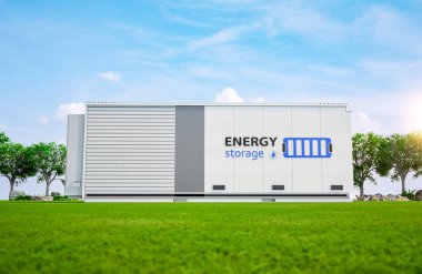 3d rendering energy storage system or battery container unit on green grass