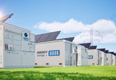 Alternative energy concept with 3d rendering group of energy storage systems or battery container units with various sources of energy