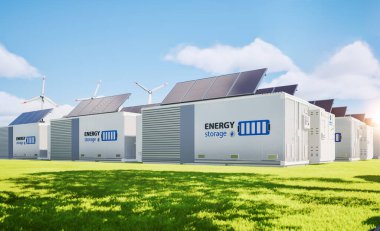 Alternative energy concept with 3d rendering group of energy storage systems or battery container units with various sources of energy