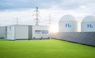 Alternative energy concept with 3d rendering group of energy storage systems or battery container units with various sources of energy