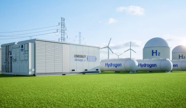 Alternative energy concept with 3d rendering group of energy storage systems or battery container units with various sources of energy