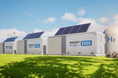 Alternative energy concept with 3d rendering group of energy storage systems or battery container units with various sources of energy