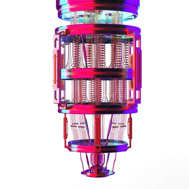 Neon ışıkta beyaz üzerine izole edilmiş 3D kuantum bilgisayar makinesi