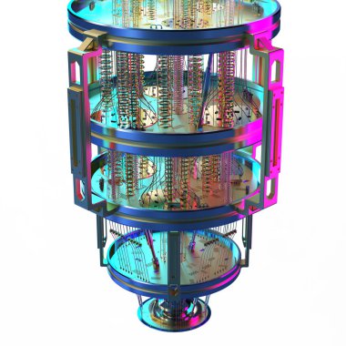 Neon ışıkta beyaz üzerine izole edilmiş 3D kuantum bilgisayar makinesi