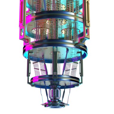 Neon ışıkta beyaz üzerine izole edilmiş 3D kuantum bilgisayar makinesi