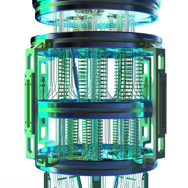 Neon ışıkta beyaz üzerine izole edilmiş 3D kuantum bilgisayar makinesi