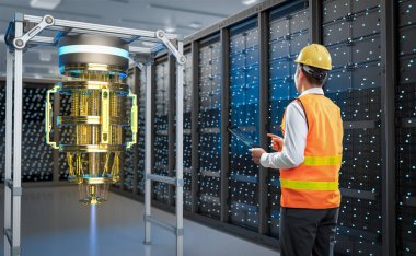 Mühendisle kuantum mühendisliği teknolojisi sunucu odasında kuantum bilgisayar makinesi geliştirir