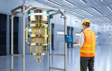 Mühendisle kuantum mühendisliği teknolojisi sunucu odasında kuantum bilgisayar makinesi geliştirir