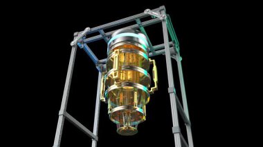 Kuantum bilgisayar makinesi yörüngesi siyah arkaplan üzerinde izole