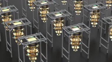 Siyah arkaplan 4k görüntülerinde kuantum bilgisayar makineleri grubu