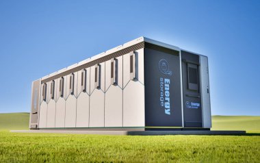 3d enerji depolama sistemi veya pil konteynır birimi mavi gökyüzünün altındaki yeşil çimenler üzerinde
