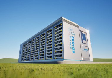 3d enerji depolama sistemi ya da pil konteynır birimi mavi gökyüzünün altındaki yeşil çimenler üzerinde bakın