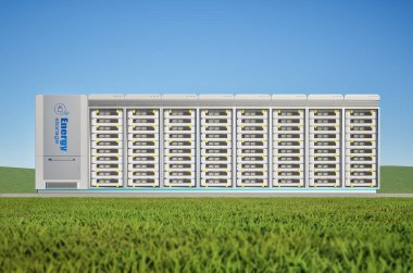 3d enerji depolama sistemi ya da pil konteynır birimi mavi gökyüzünün altındaki yeşil çimenler üzerinde bakın