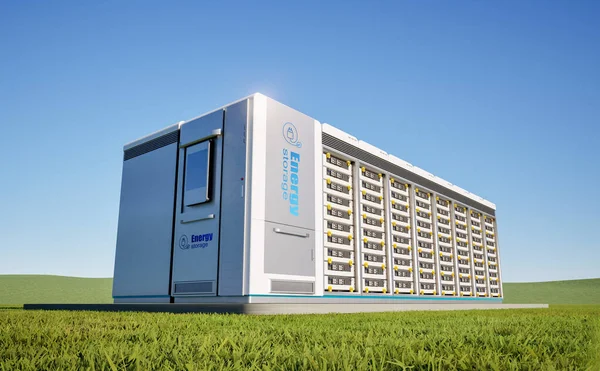 3d enerji depolama sistemi ya da pil konteynır birimi mavi gökyüzünün altındaki yeşil çimenler üzerinde bakın