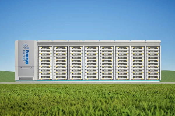 3d enerji depolama sistemi ya da pil konteynır birimi mavi gökyüzünün altındaki yeşil çimenler üzerinde bakın