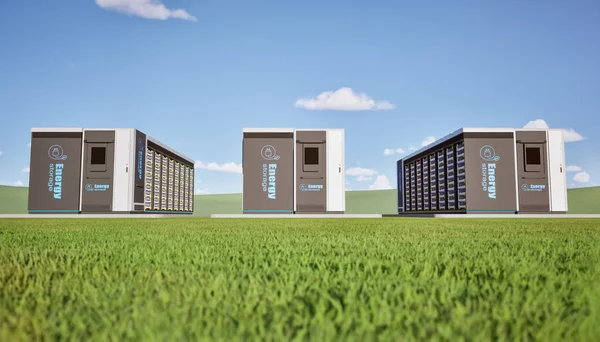 3d enerji depolama sistemi grubu veya pil kabı birimleri mavi gökyüzünün altındaki yeşil çimenler üzerinde