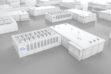 Sanayi bölgesi parkının dış tarafındaki 3D izometrik veri merkezi oluşturuluyor