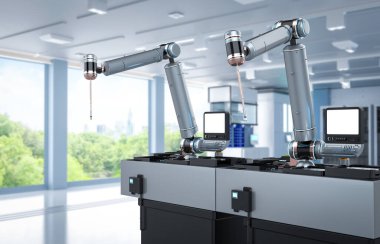 Otomasyon endüstrisi konsepti fabrikada 3 boyutlu robot üretim hattıyla