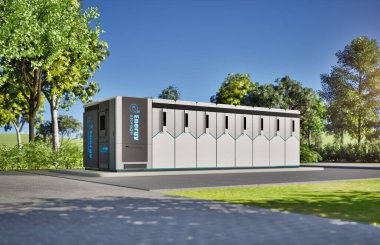 3d enerji depolama sistemi veya pil konteynır birimi mavi gökyüzünün altındaki yeşil çimenler üzerinde