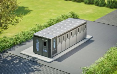 3d rendering energy storage system or battery container unit on green grass