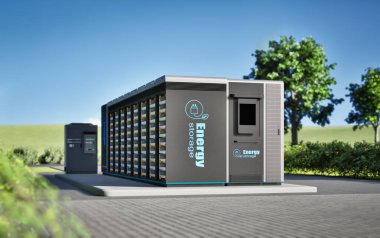 3d enerji depolama sistemi ya da pil konteynır birimi mavi gökyüzünün altındaki yeşil çimenler üzerinde bakın