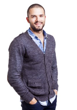 Casual adam ceplerini ellerde ile gülümseyen