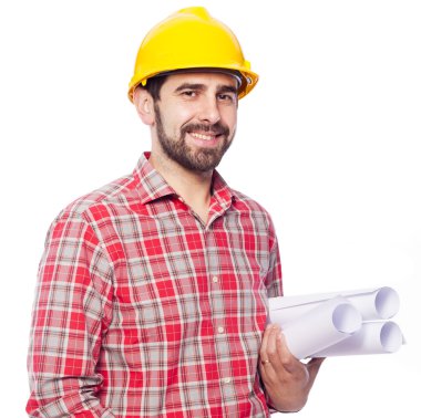 Gülümseyen mimar planları tutan portresi