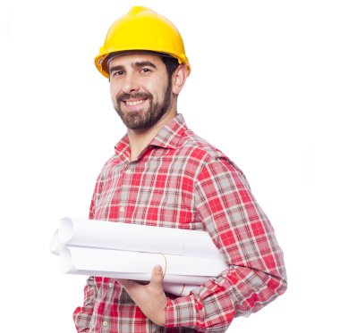 Gülümseyen mimar planları tutan portresi