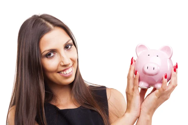 Smiling woman holding a piggy bank — Stock Photo, Image
