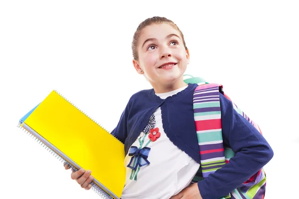 Öğrenci kız notebook ve sırt çantası ile ayakta — Stok fotoğraf
