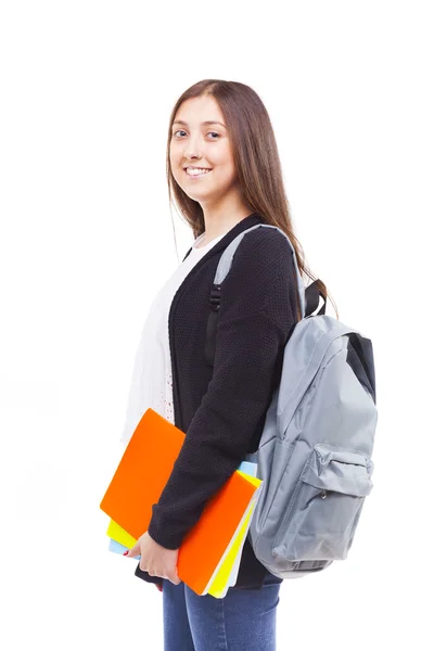 Estudiante chica sosteniendo coloridos cuadernos — Foto de Stock